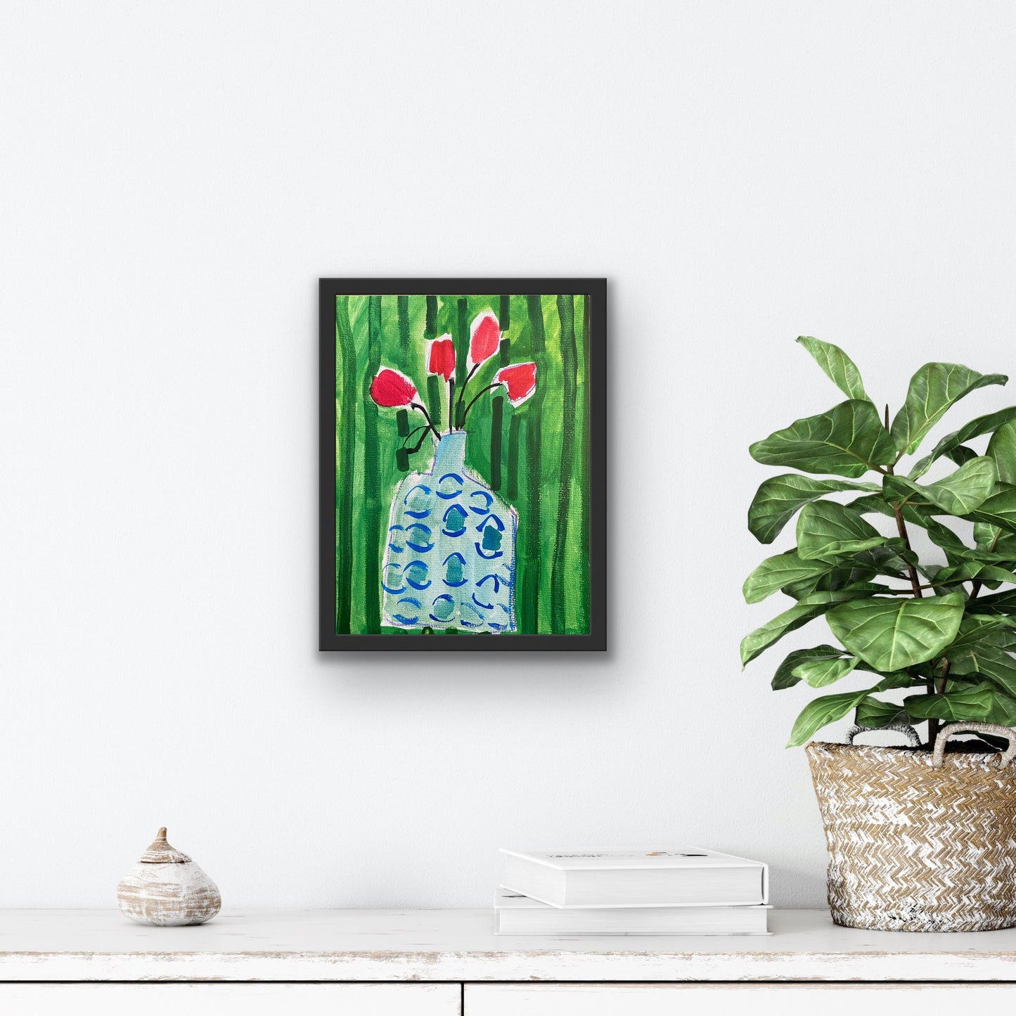 Fine Art Print / Blue Vase on Green Striped Wallpaper  9”x12”