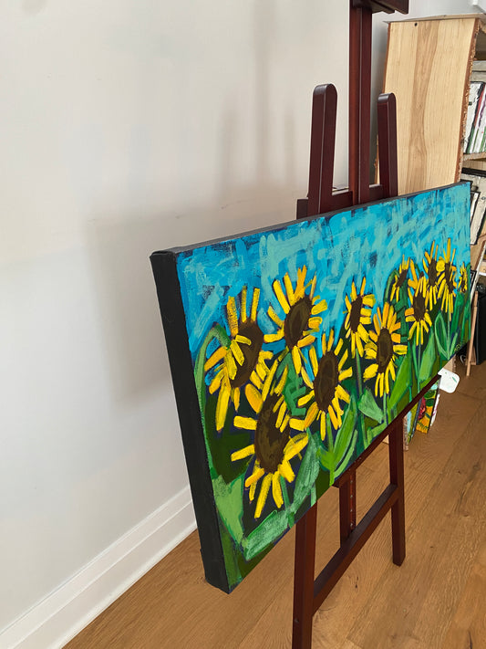 Sunflower on Teal / 16”x40” Horizontal Original Wall Art
