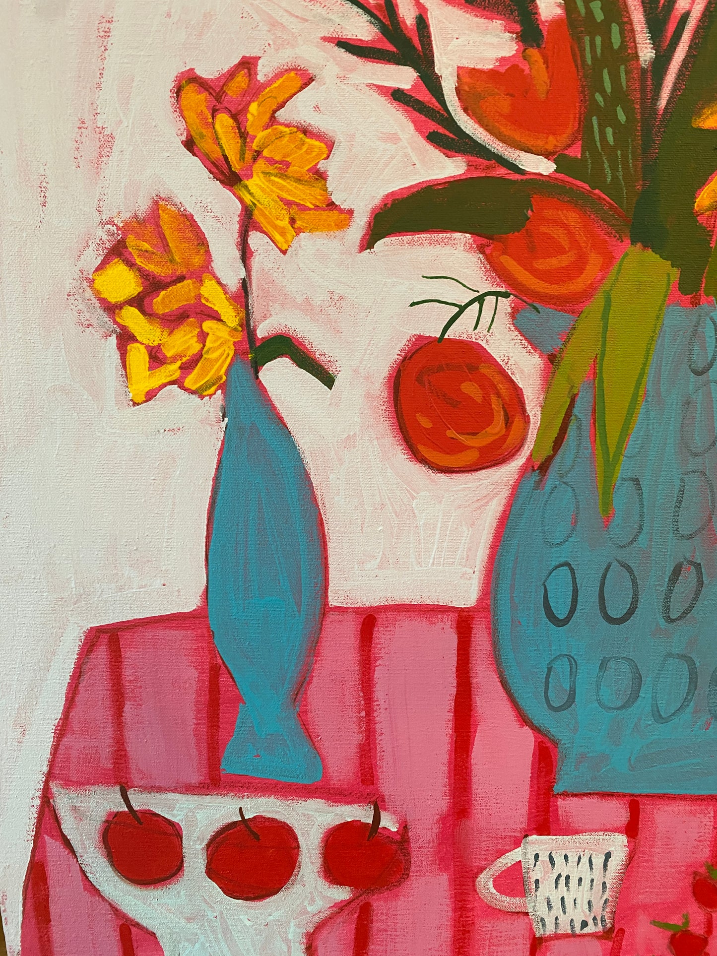 Floral with Apples and Strawberries 22”x28” / Vase with Flowers / Pink and Red Stripes