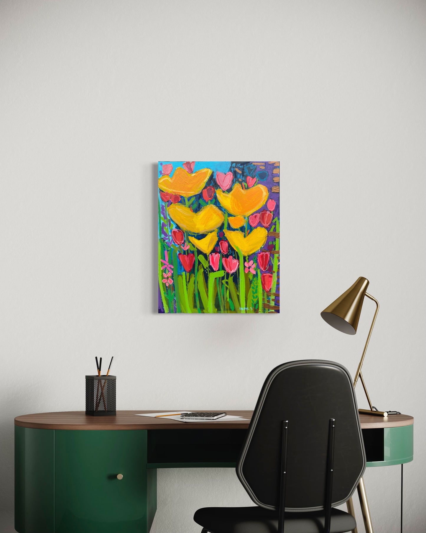 Original Art / Yellow Flowers with Pink and Red Tulips/ Botanical Wall Art