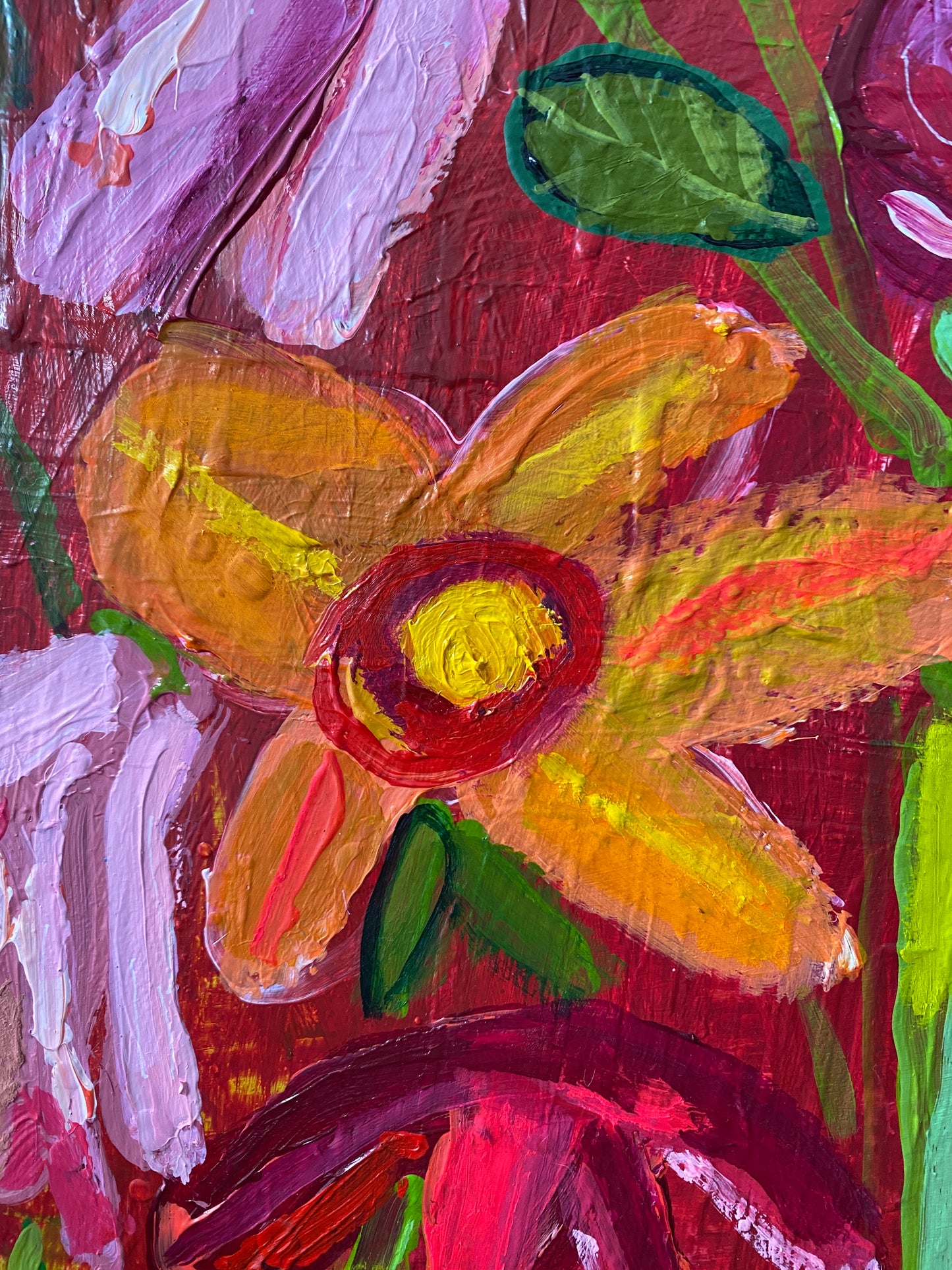 Original Art/ Plant a Seed / Warm Colours /Red Pink Orange / Abstract Botanical