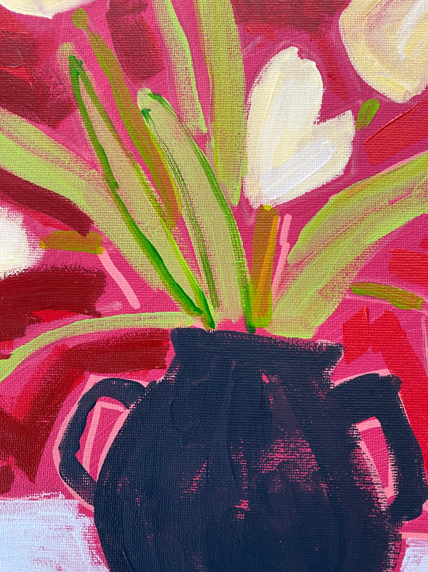 Yellow Tulips on Red / Original Wall Art on Canvas / 12"x12" /