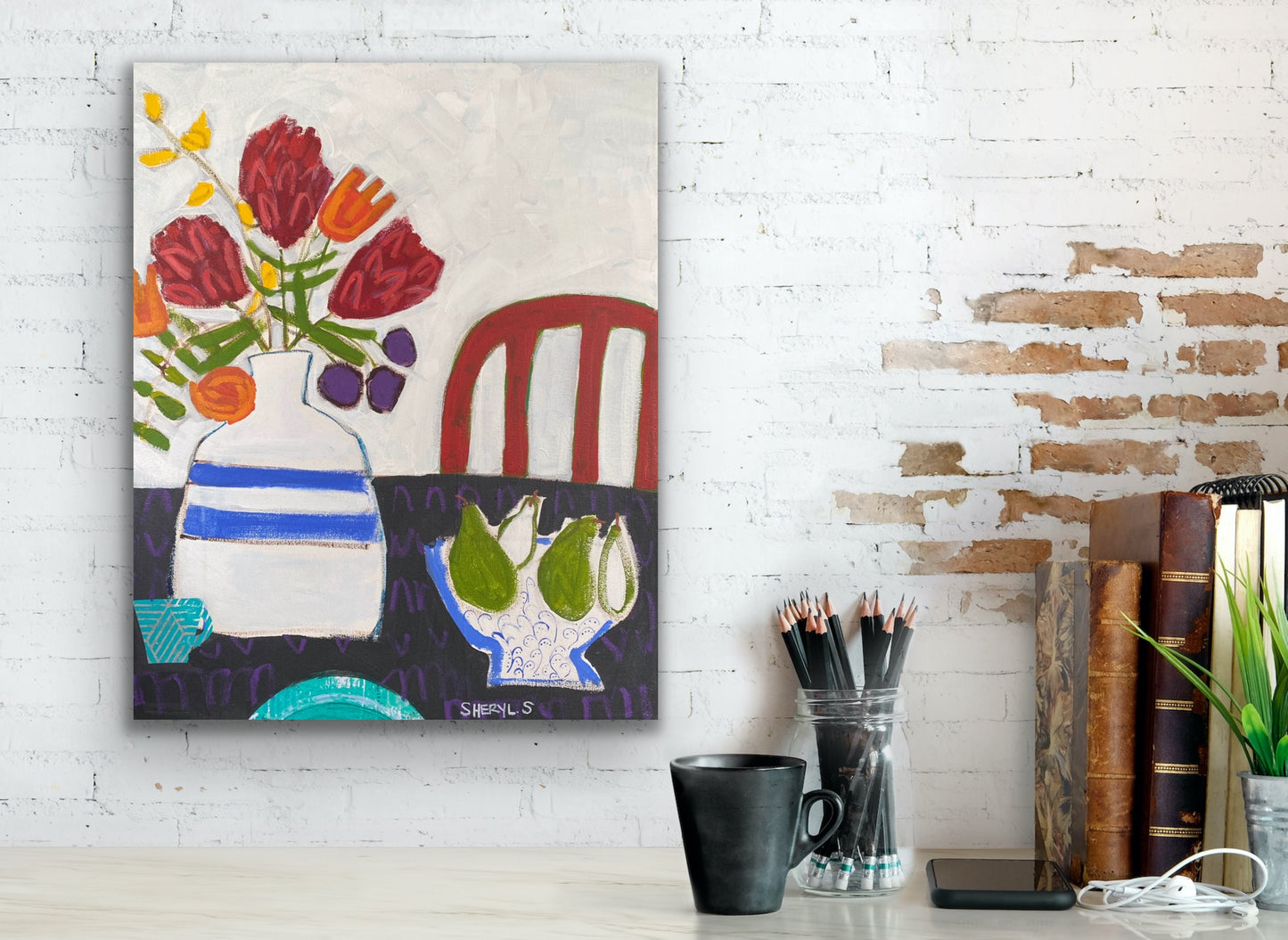 Protea on White 22”x28” /Red Chair / Bowl with Pears / Modern Floral Art for Sale on Canvas