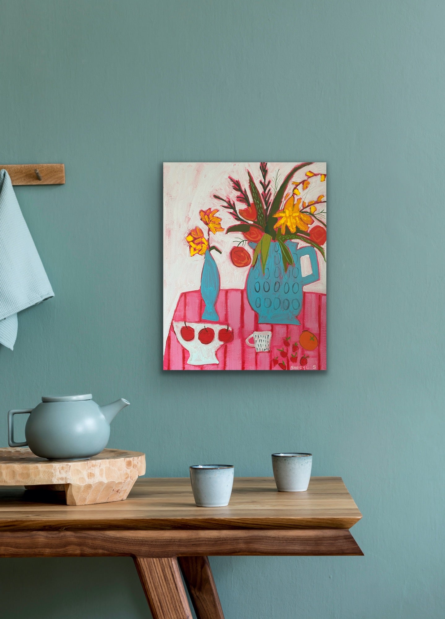 Floral with Apples and Strawberries 22”x28” / Vase with Flowers / Pink and Red Stripes