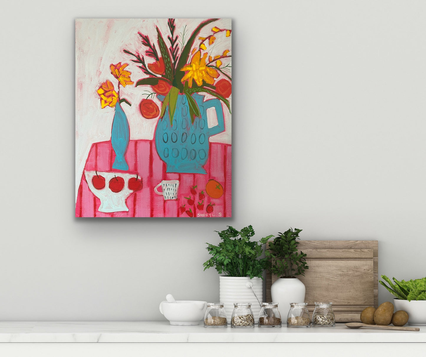 Floral with Apples and Strawberries 22”x28” / Vase with Flowers / Pink and Red Stripes