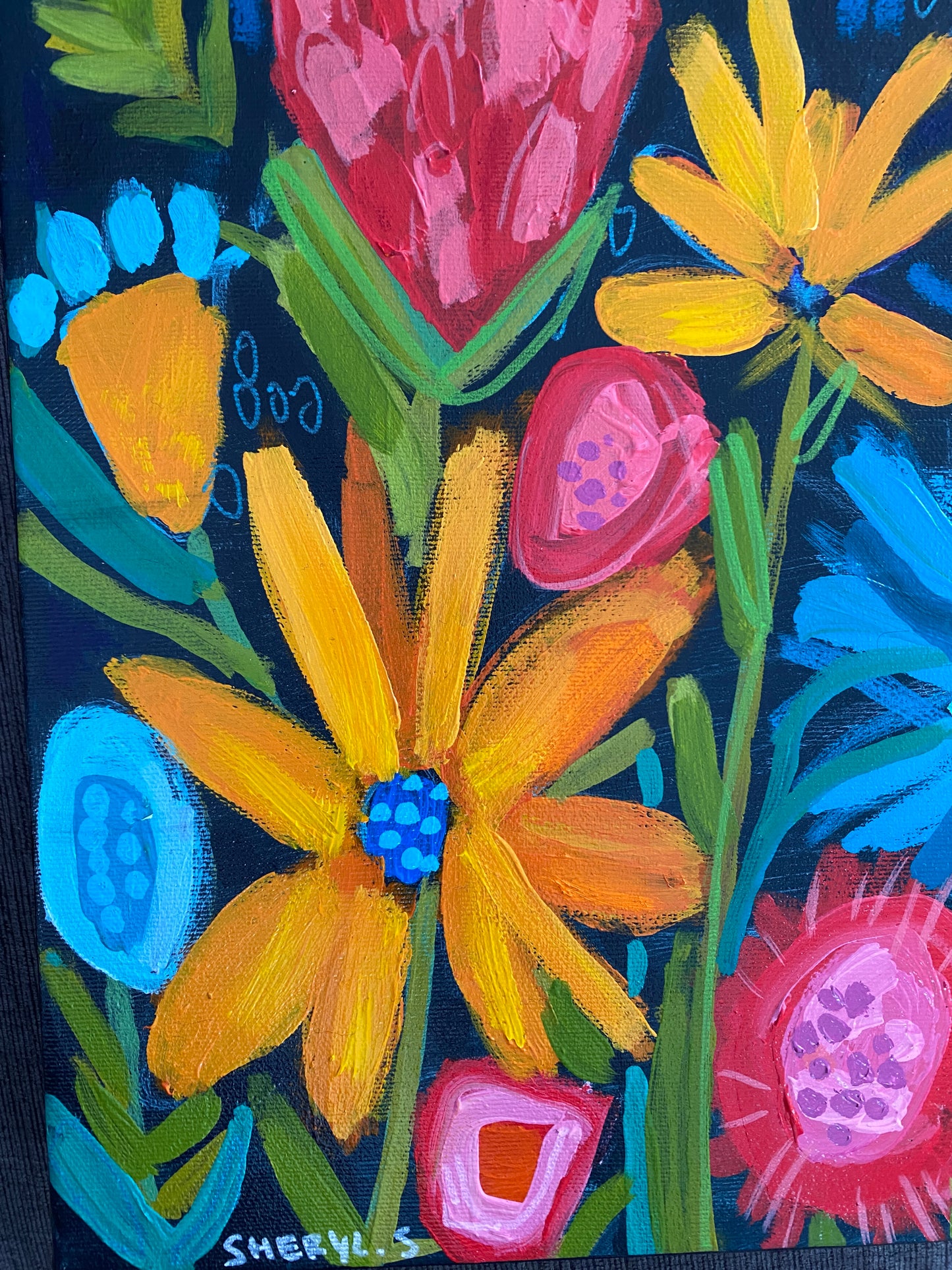 Original Art / New Growth 1 / Botanical / Black Background Yellow Red Pink Blue Flowers