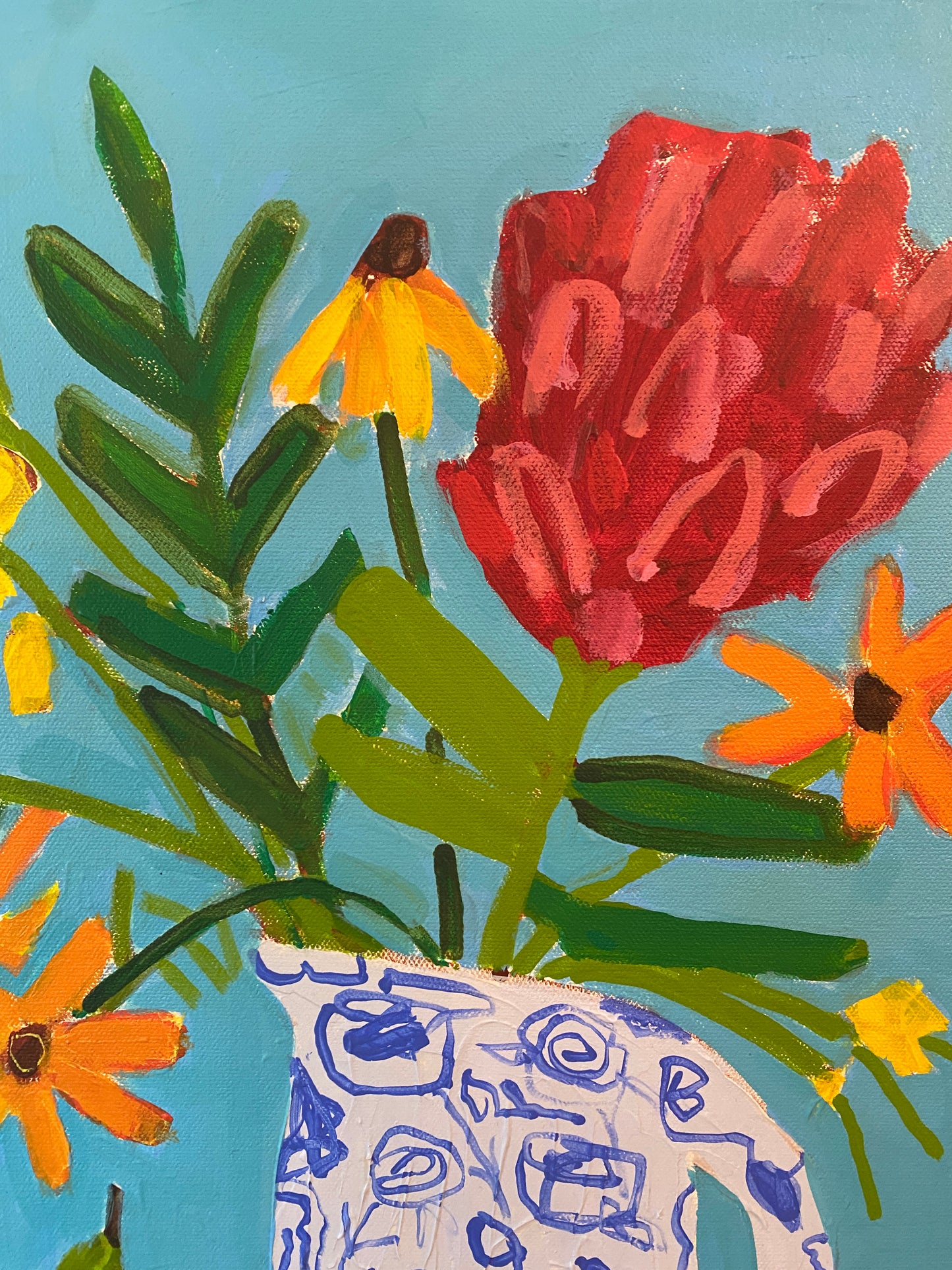 Floral with Teapot on Pink 20”x24” / Still Life Mixed Media  / Plate and Sugar / Original Wall Art for Sale