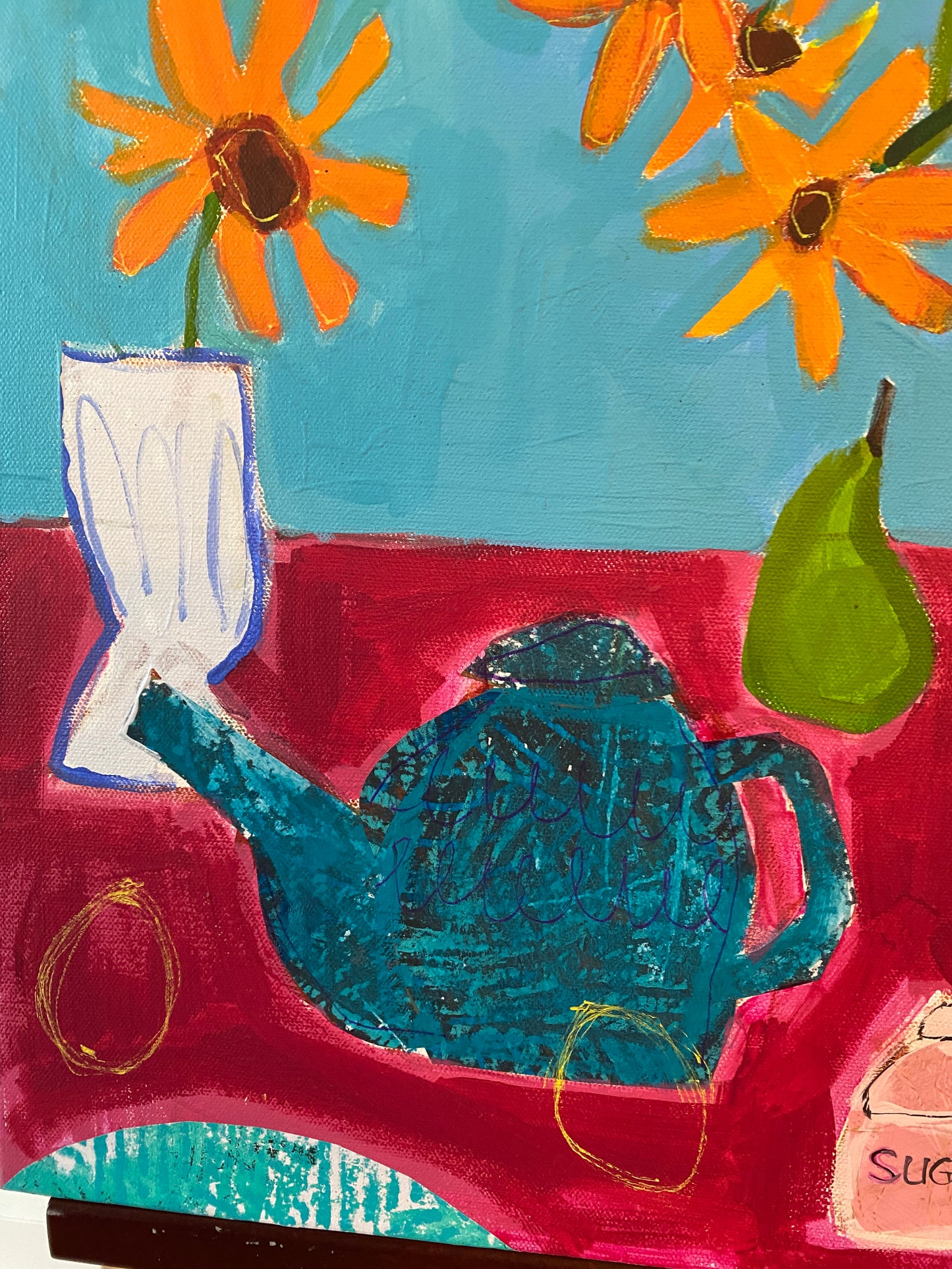 Floral with Teapot on Pink 20”x24” / Still Life Mixed Media  / Plate and Sugar / Original Wall Art for Sale