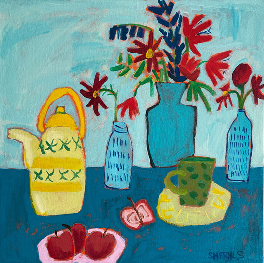 Original Wall Art/ Still Life / Apples On Teal / PAinting on Canvas