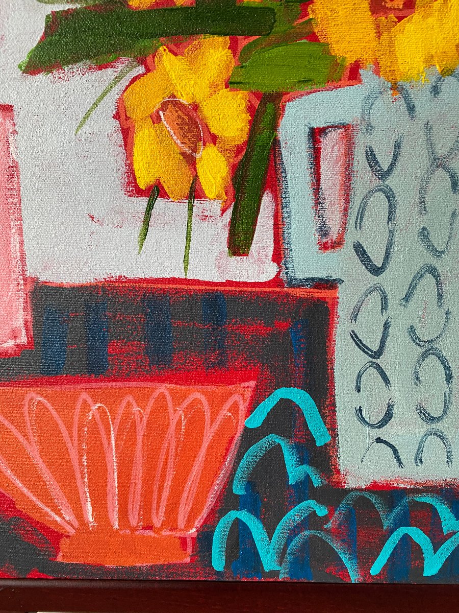 Yellow Flowers on Grey / Vibrant Still Life Wall Art