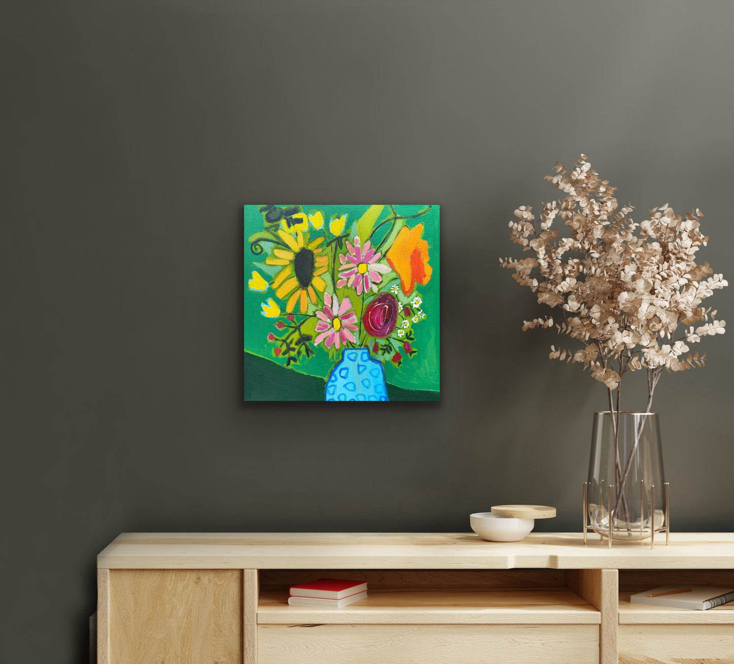 Orignal Wall Art / Fresh Cut Flowers in Green / Blue Vase With Flowers / Yellow Orange Pink /