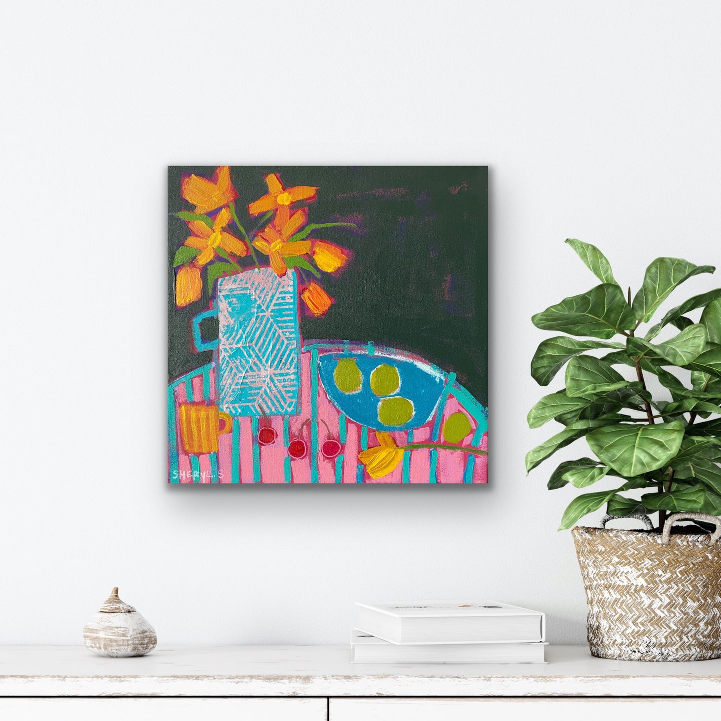 Orange Blooms with Limes and Cherries/ Still Life Original Painting 16”x16”