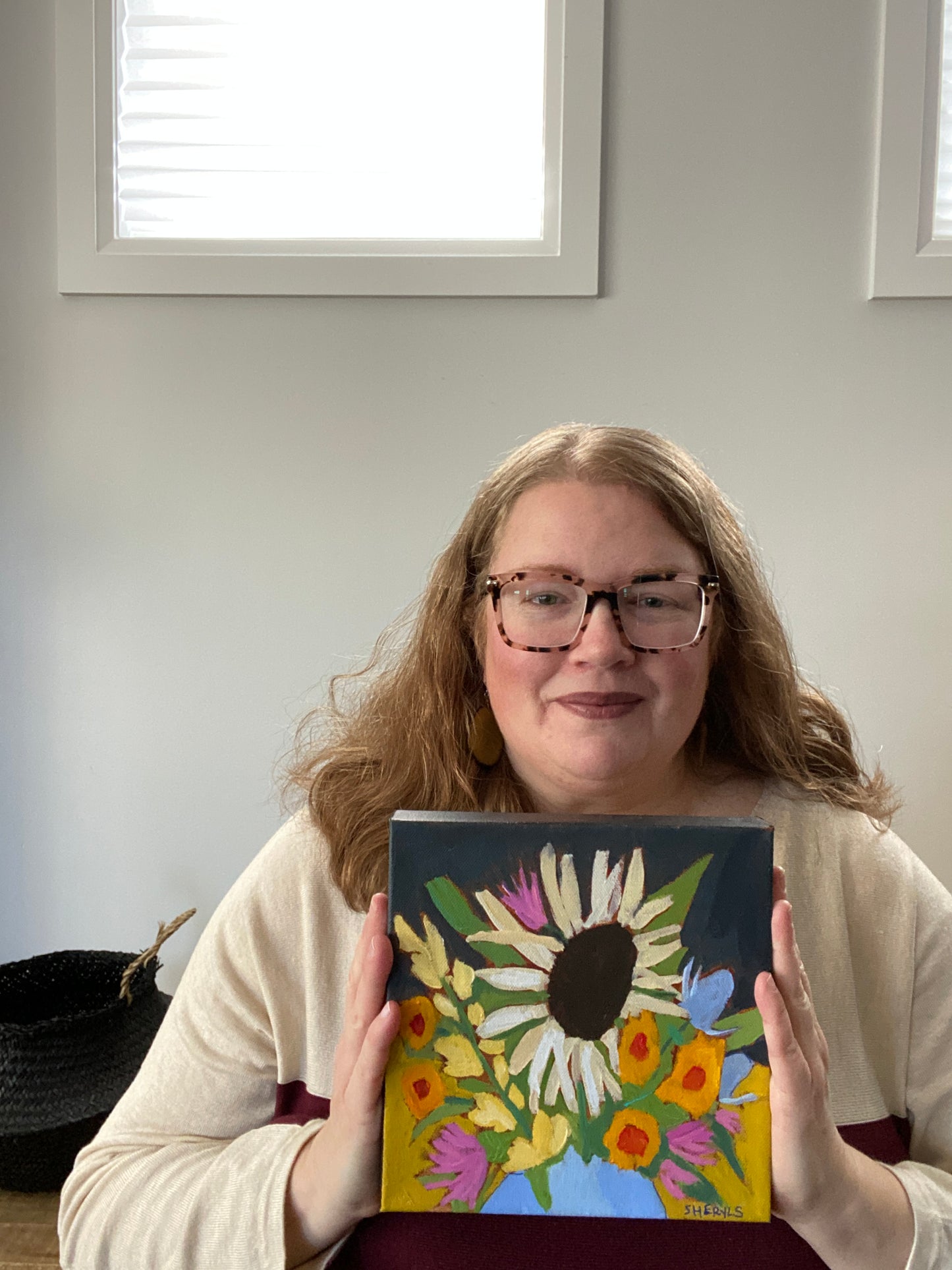 Original Wall Art / Botanical/ Sunflower, Strawflowers Sweetpeas / 8”x8” Painting on Canvas