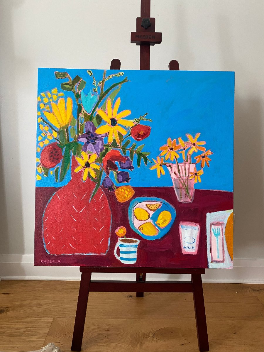Cut Flowers / Red Vase / Still life /