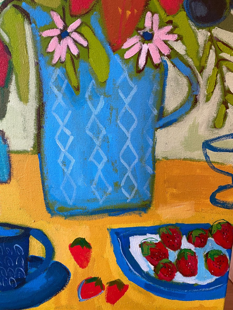Mom’s Strawberry Jam Floral / 30”x30” Still Life Original Wall Art