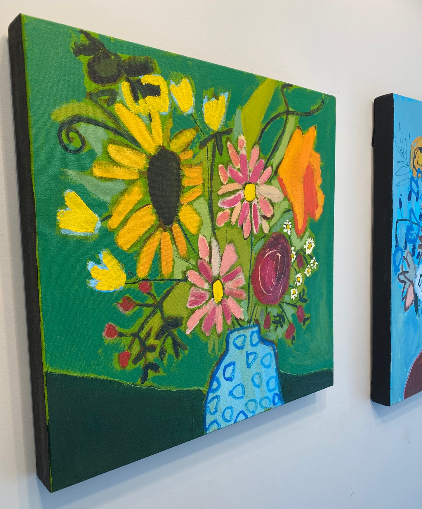 Orignal Wall Art / Fresh Cut Flowers in Green / Blue Vase With Flowers / Yellow Orange Pink /