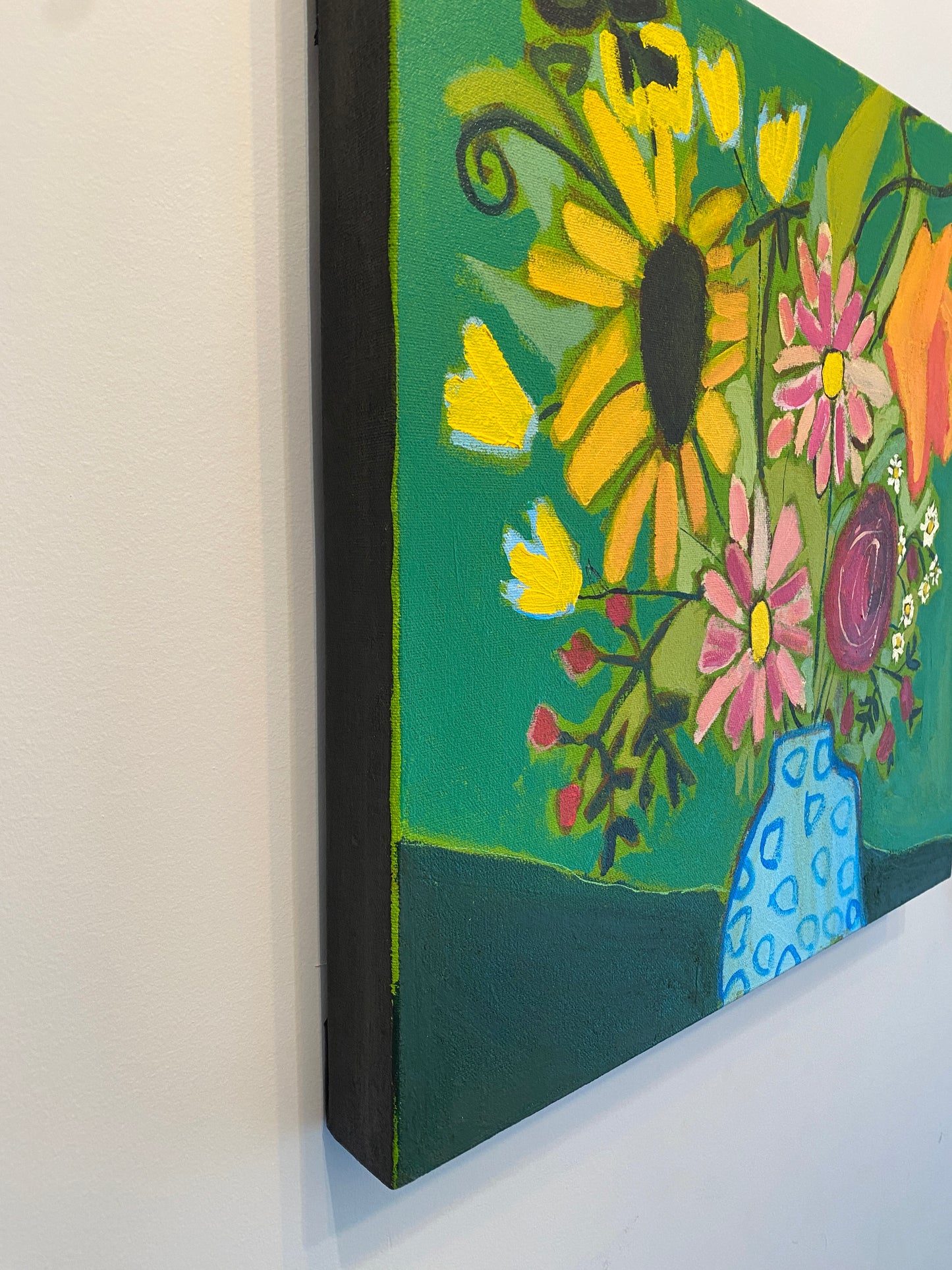 Orignal Wall Art / Fresh Cut Flowers in Green / Blue Vase With Flowers / Yellow Orange Pink /