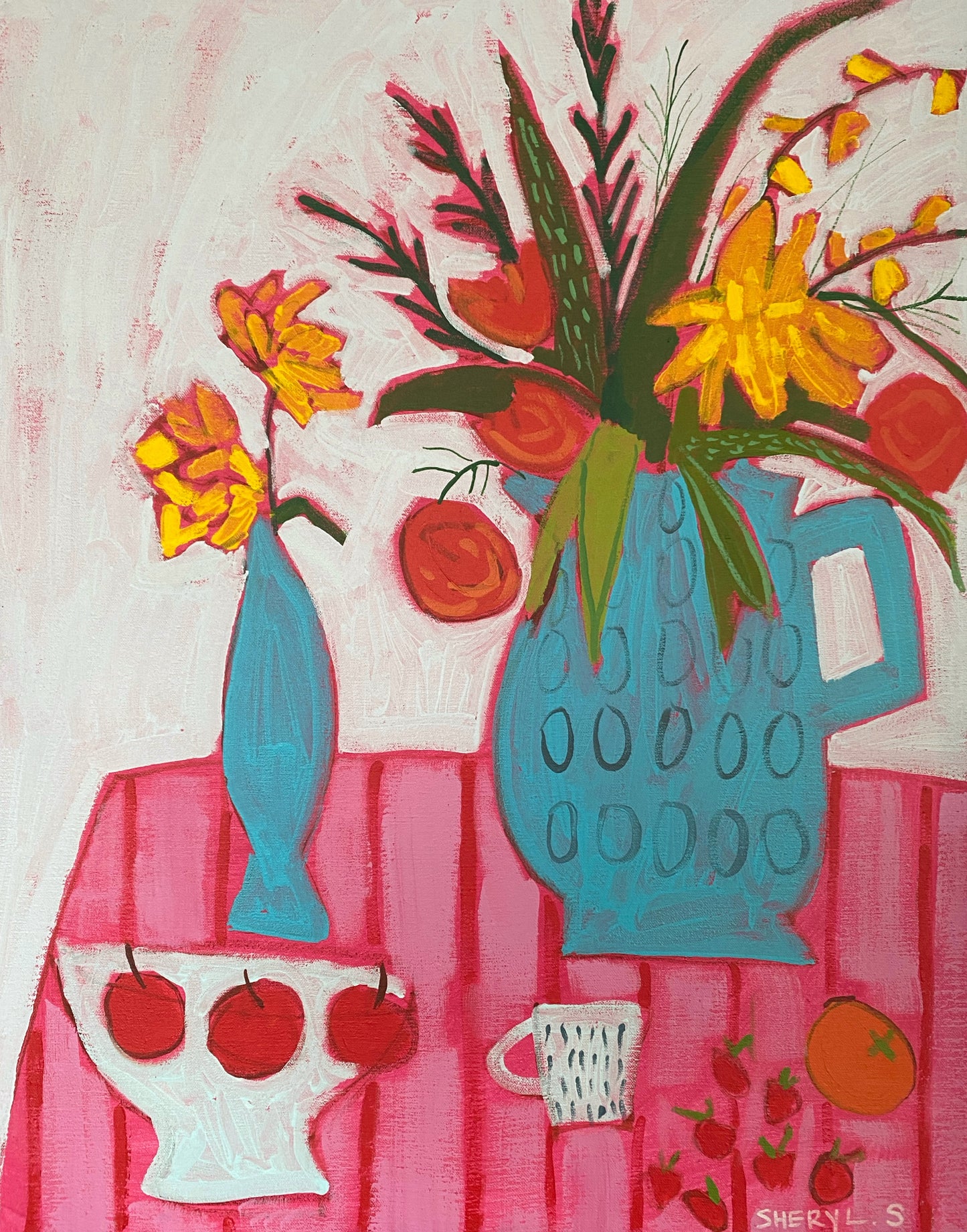 Floral with Apples and Strawberries 22”x28” / Vase with Flowers / Pink and Red Stripes