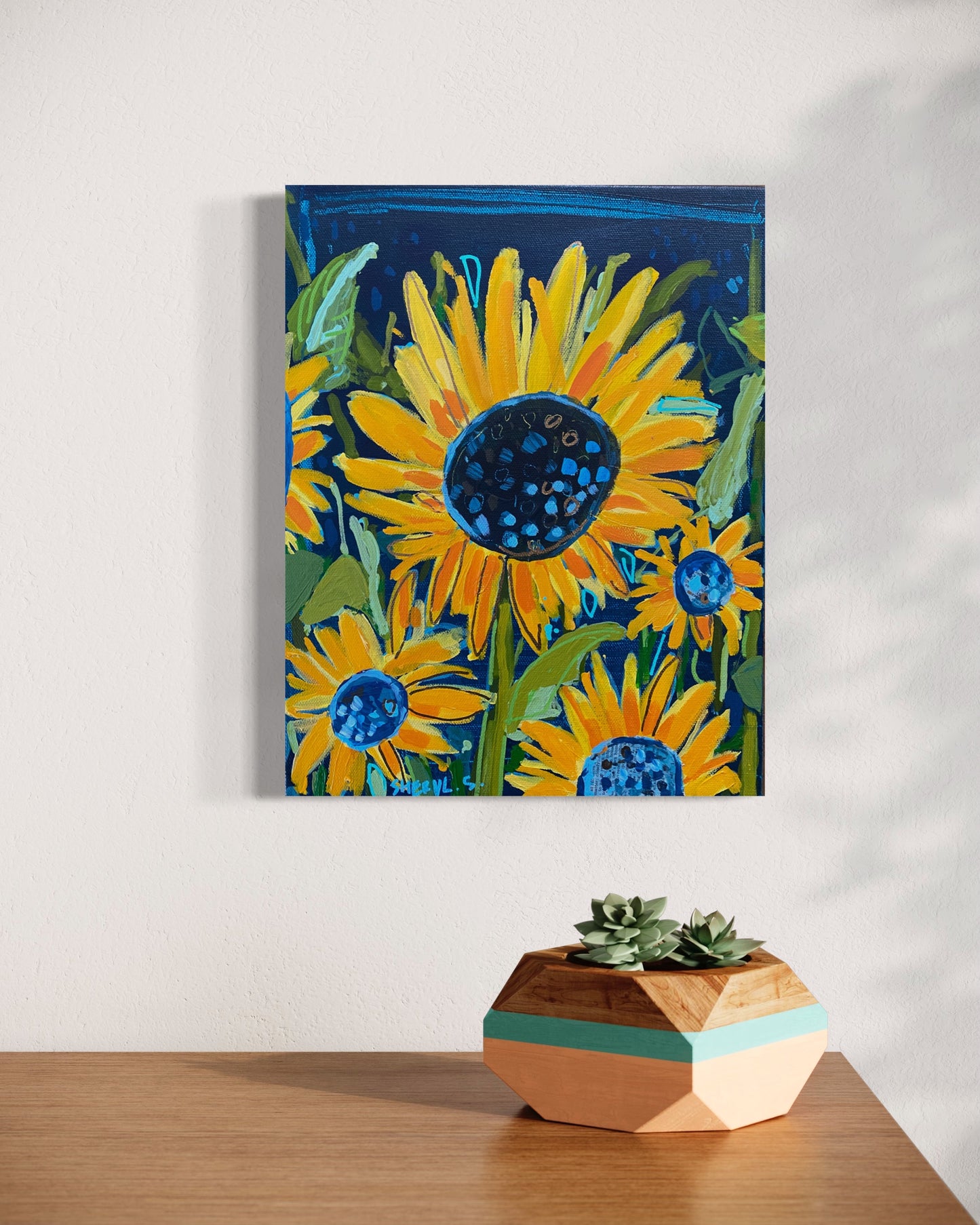 Sunflower Farm / Original Wall Art on Canvas / Navy Background/ 11”x14” Yellow and Orange