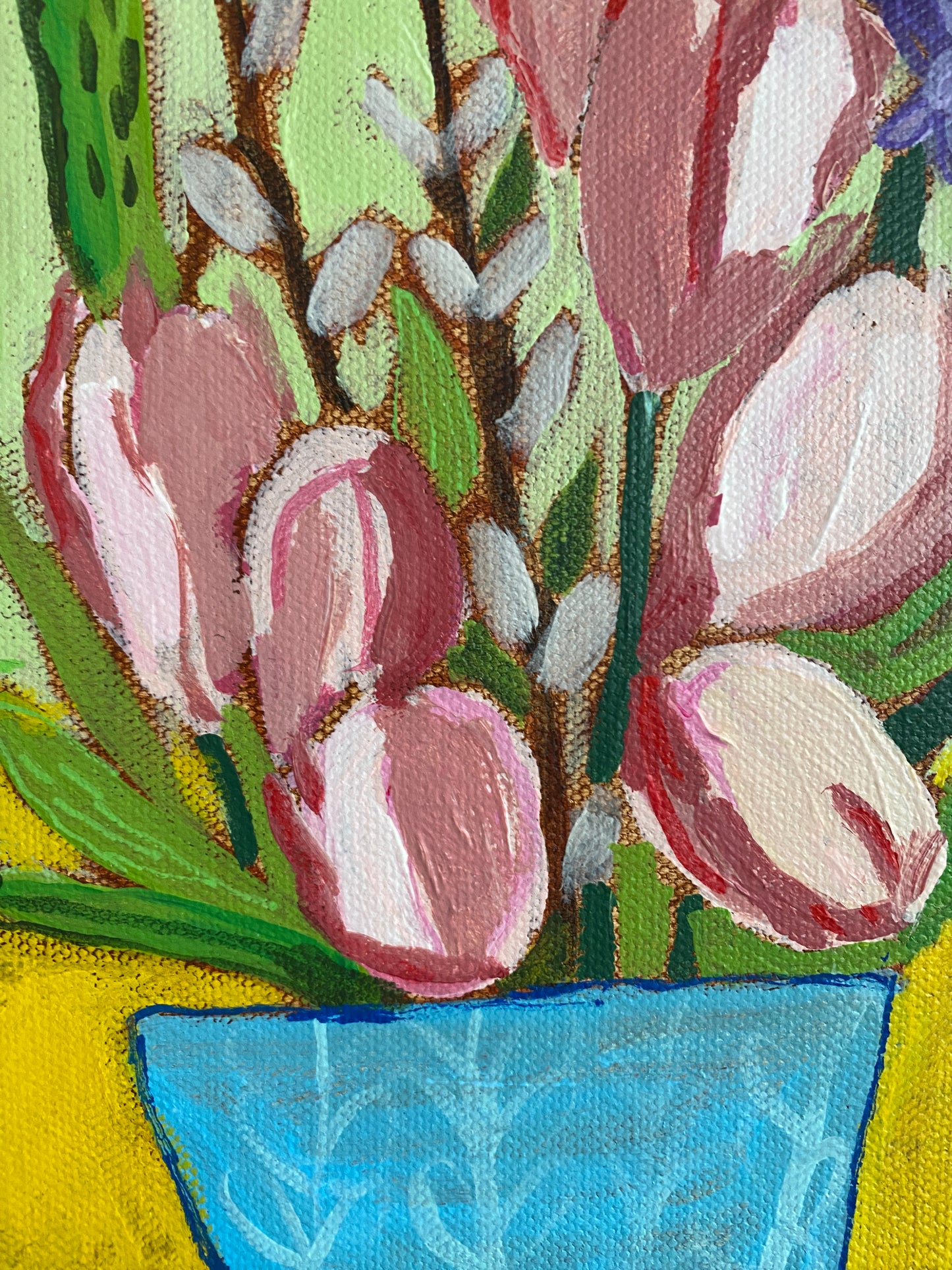 Original Wall Art / Hyacinth Tulips with Branches / 8”x8” / Painting on Canvas