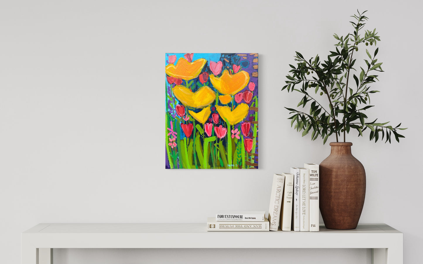 Original Art / Yellow Flowers with Pink and Red Tulips/ Botanical Wall Art