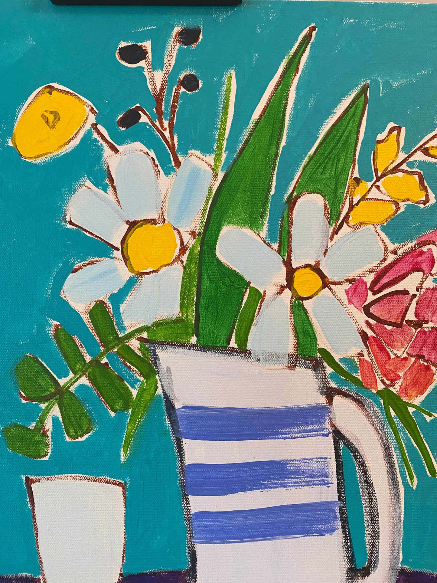 Floral Dinner for Two 18”x24” Teal and Purple / Wine and Glass / Fig / Original Art