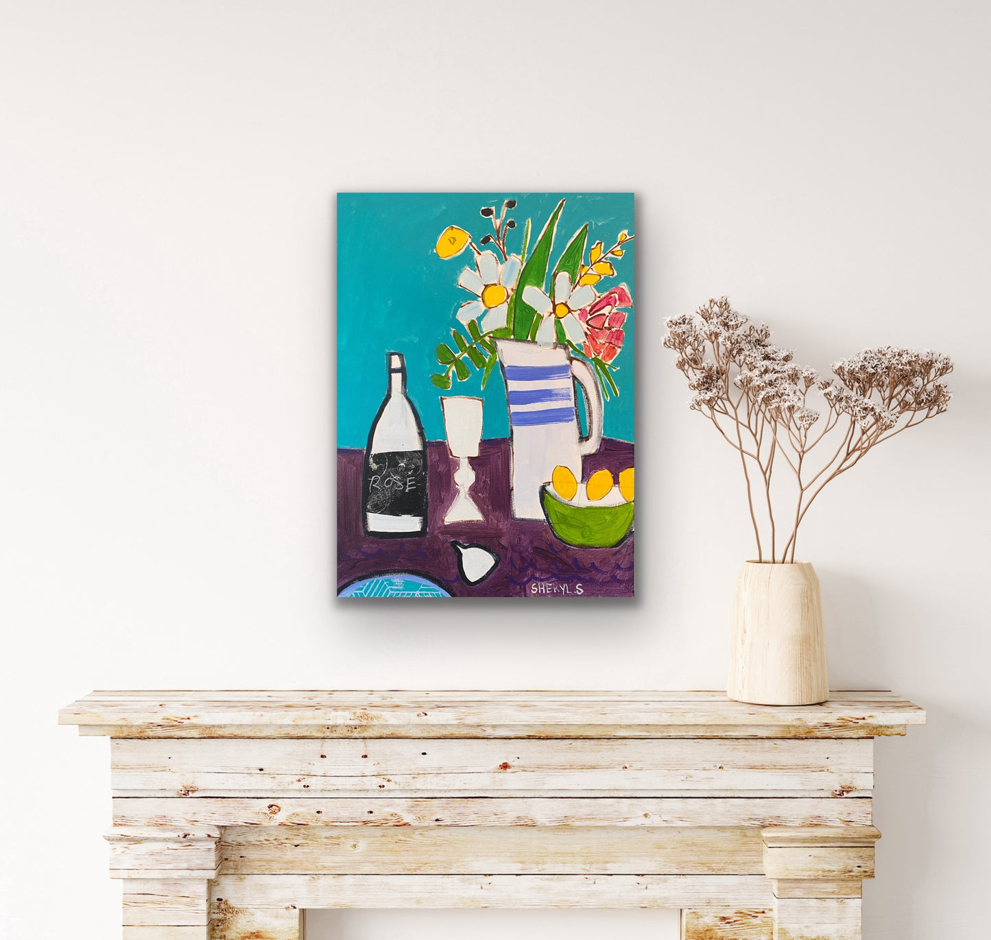 Floral Dinner for Two 18”x24” Teal and Purple / Wine and Glass / Fig / Original Art