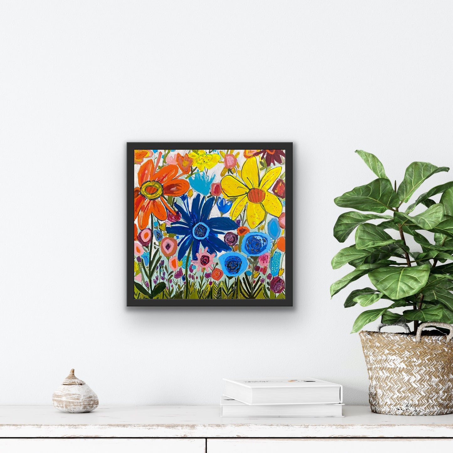 Fine Art Prints 12”x12” Afternoon in The Garden / Burst of Colourful Flowers / Orange Blue and Yellow