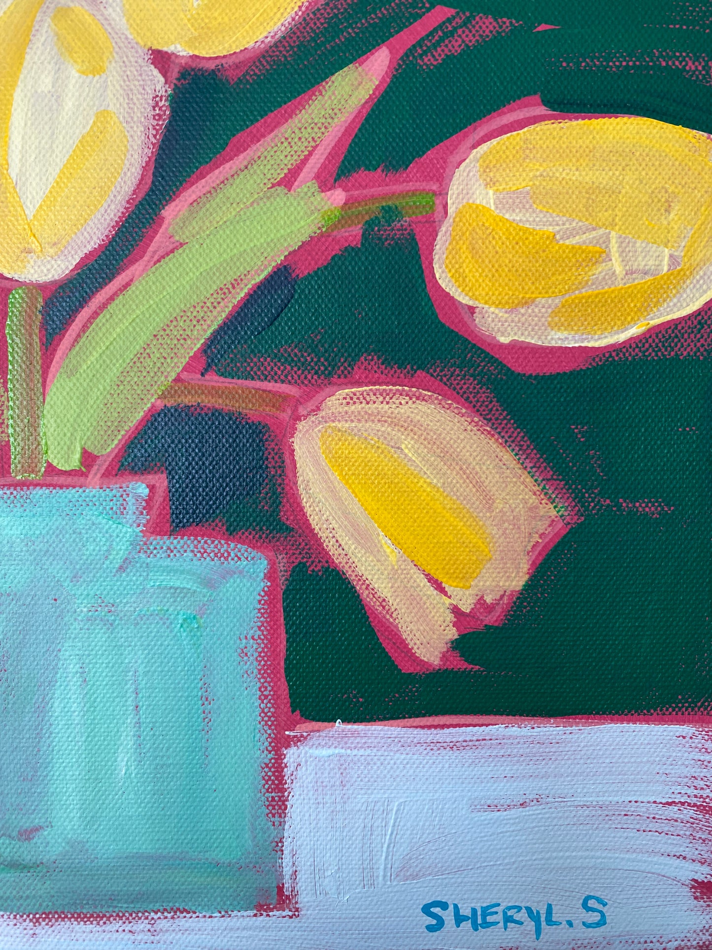 Yellow Tulips on Green / Original Wall Art on Canvas / Modern Florals