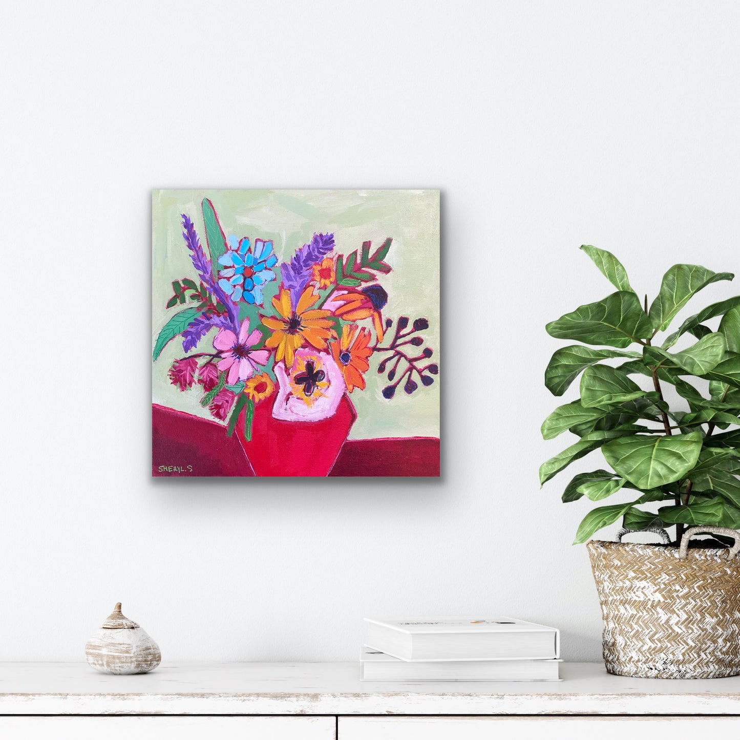 Original Wall Art / Cut Flowers in a Red Vase / Green Blue Purple / Modern Floral