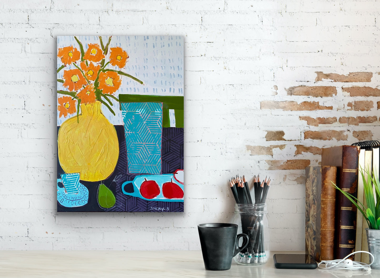 Burst of Orange Flowers / Original Still Life Wall Art / Apples with Teacup and Pear