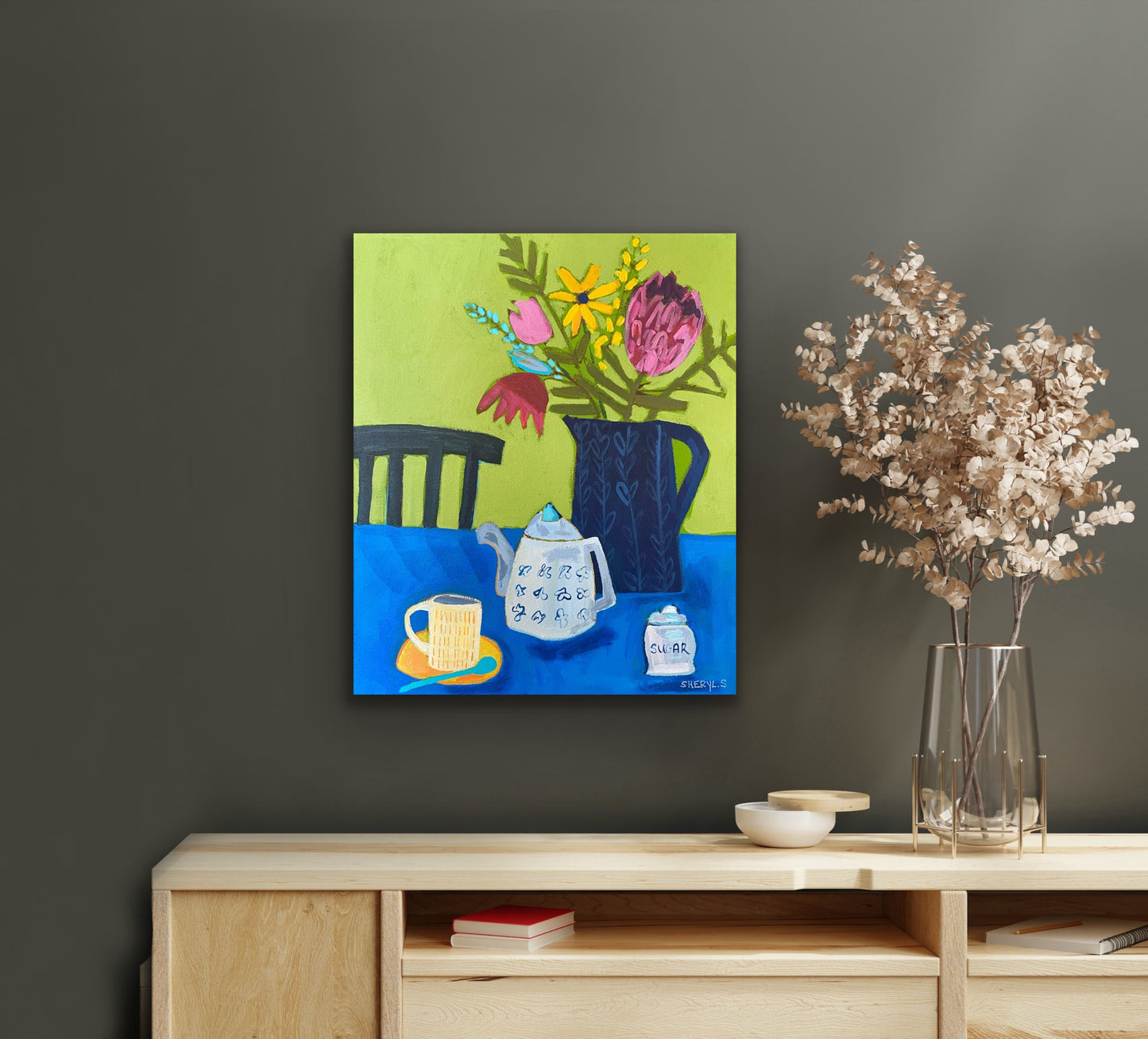 Original Wall Painting/ Afternoon Tea With Protea Flower/ 20”x24”