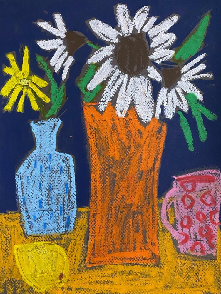 White Sunflowers and Lemon / 9”x12” original art on paper