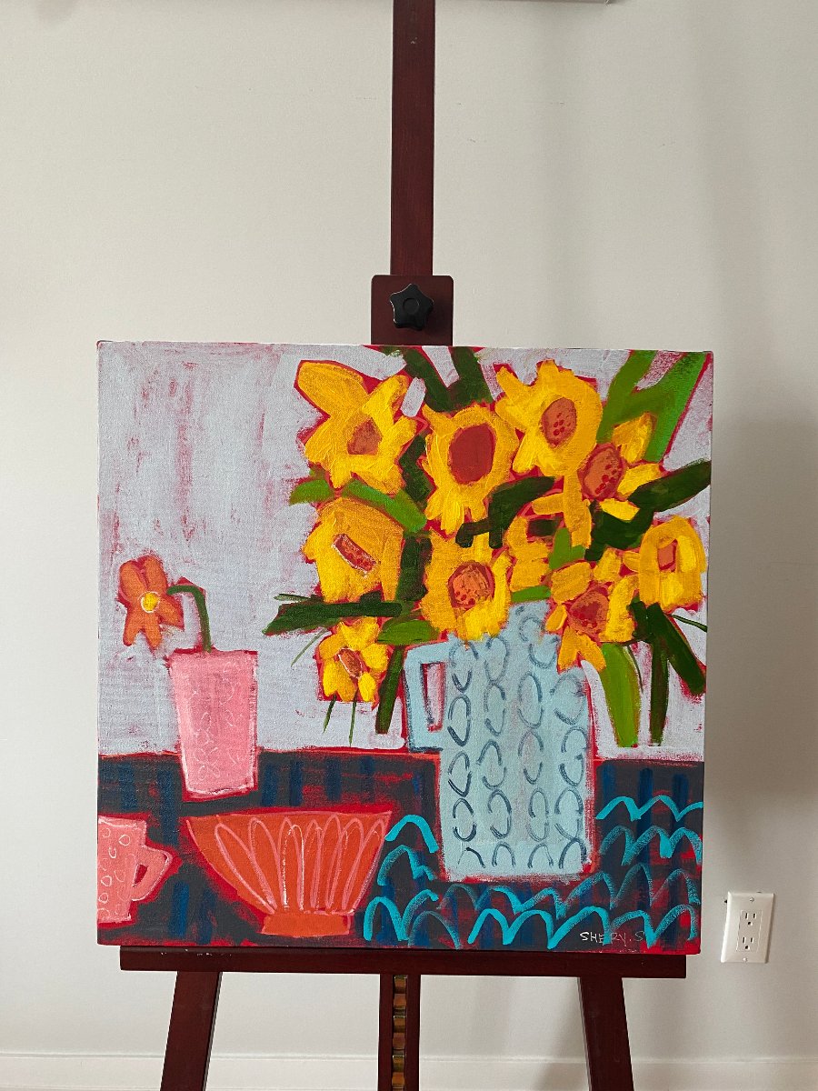 Yellow Flowers on Grey / Vibrant Still Life Wall Art