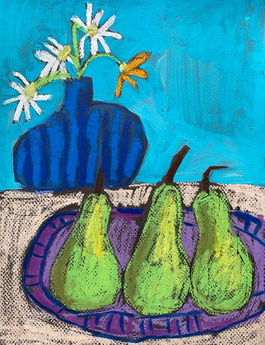 Original Wall Art / Pears and Blue Vase / oil pastel and acrylic
