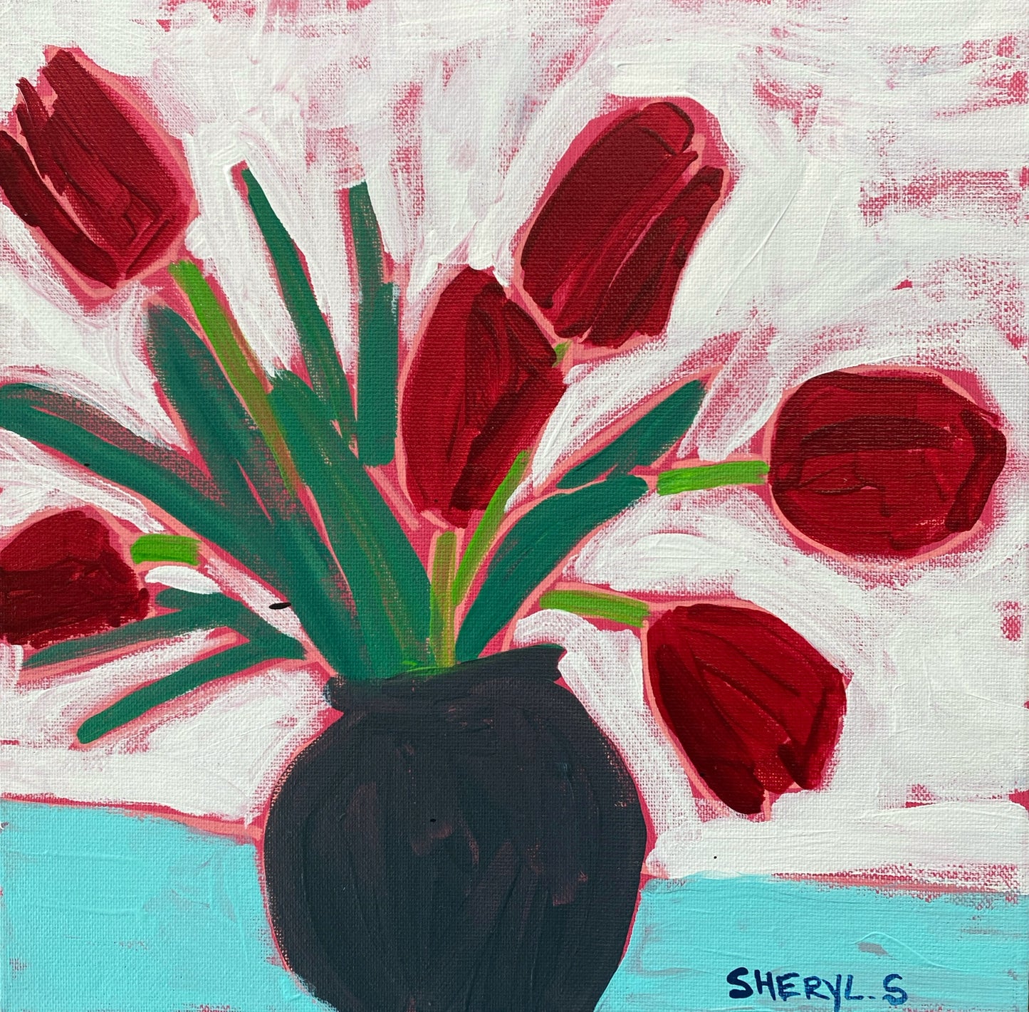 Red Tulips / Original Wall Art on Canvas 12”x12”  /