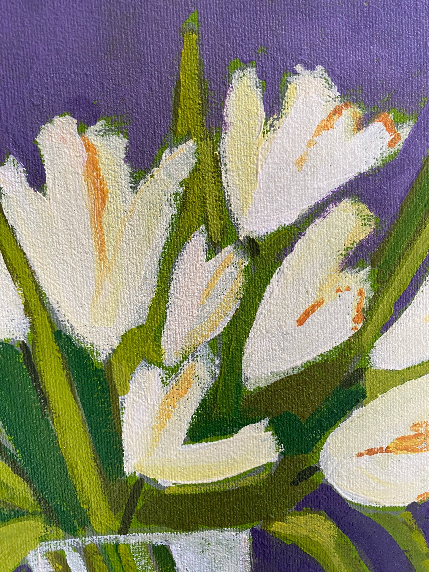 Original Art / White Tulips with Purple / Wall Art on Canvas / Floral / Botanical / Canadian Art Gallery
