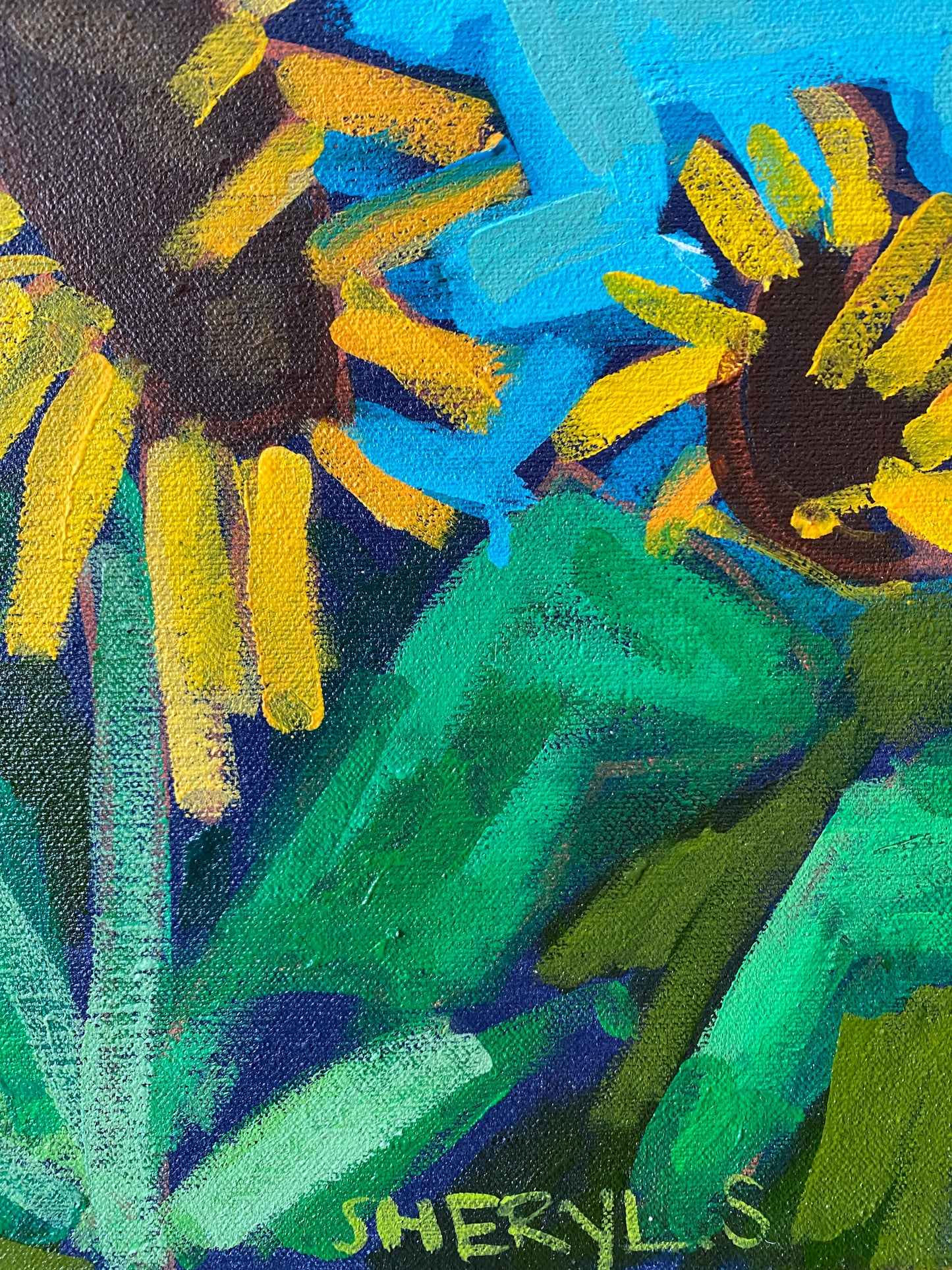 Sunflower on Teal / 16”x40” Horizontal Original Wall Art
