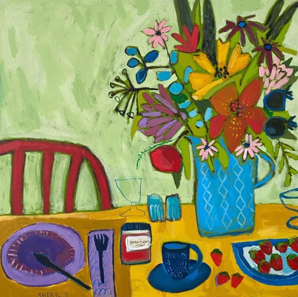 Mom’s Strawberry Jam Floral / 30”x30” Still Life Original Wall Art