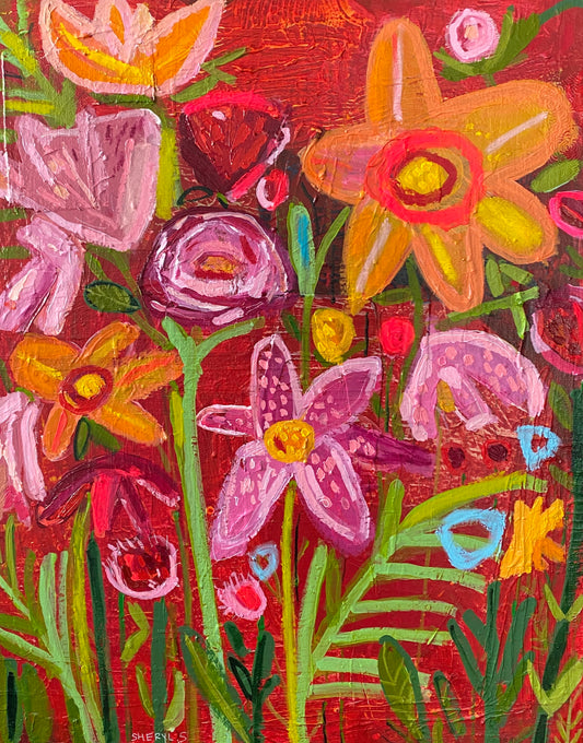 Original Art/ Plant a Seed / Warm Colours /Red Pink Orange / Abstract Botanical