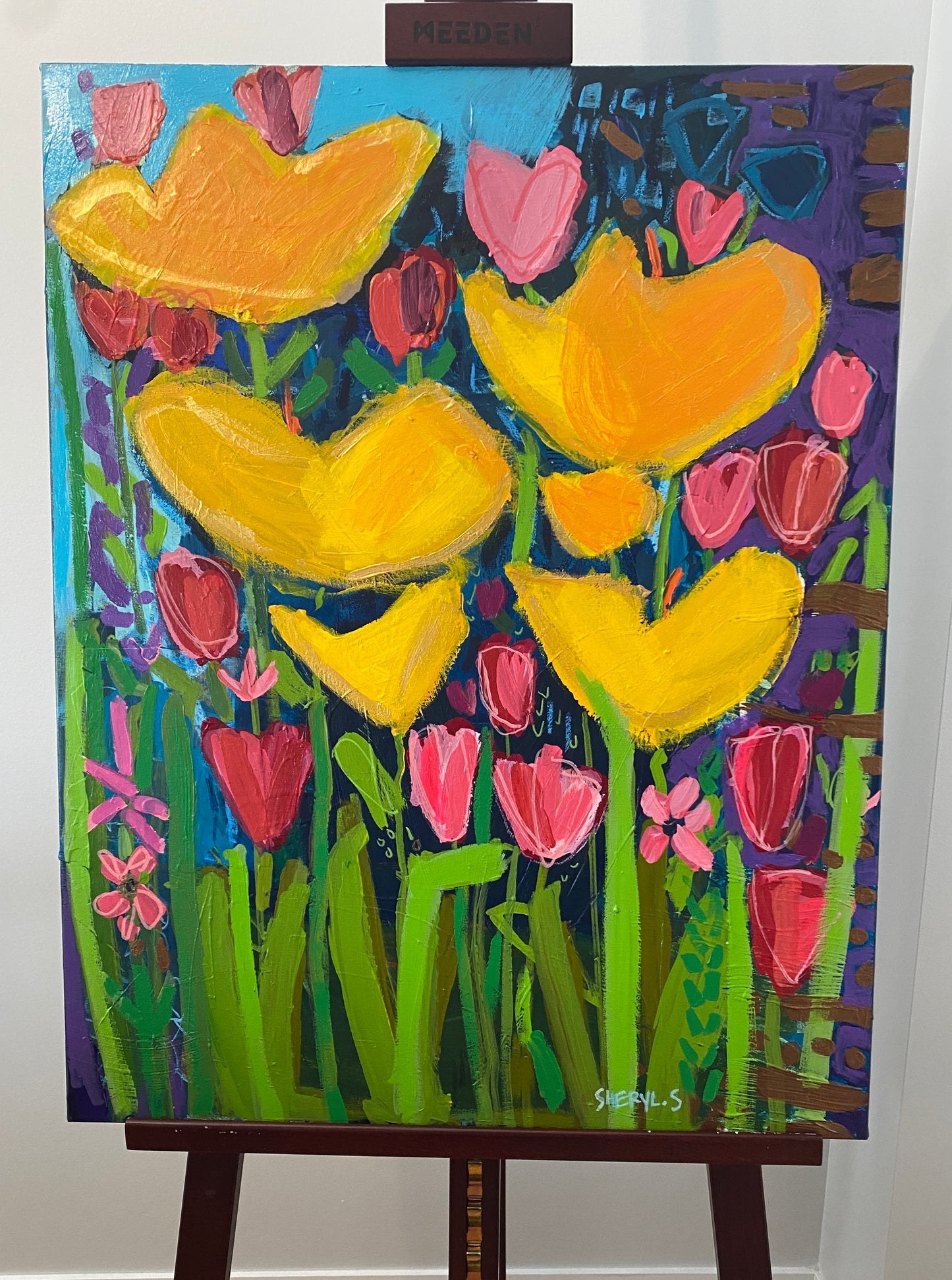 Original Art / Yellow Flowers with Pink and Red Tulips/ Botanical Wall Art