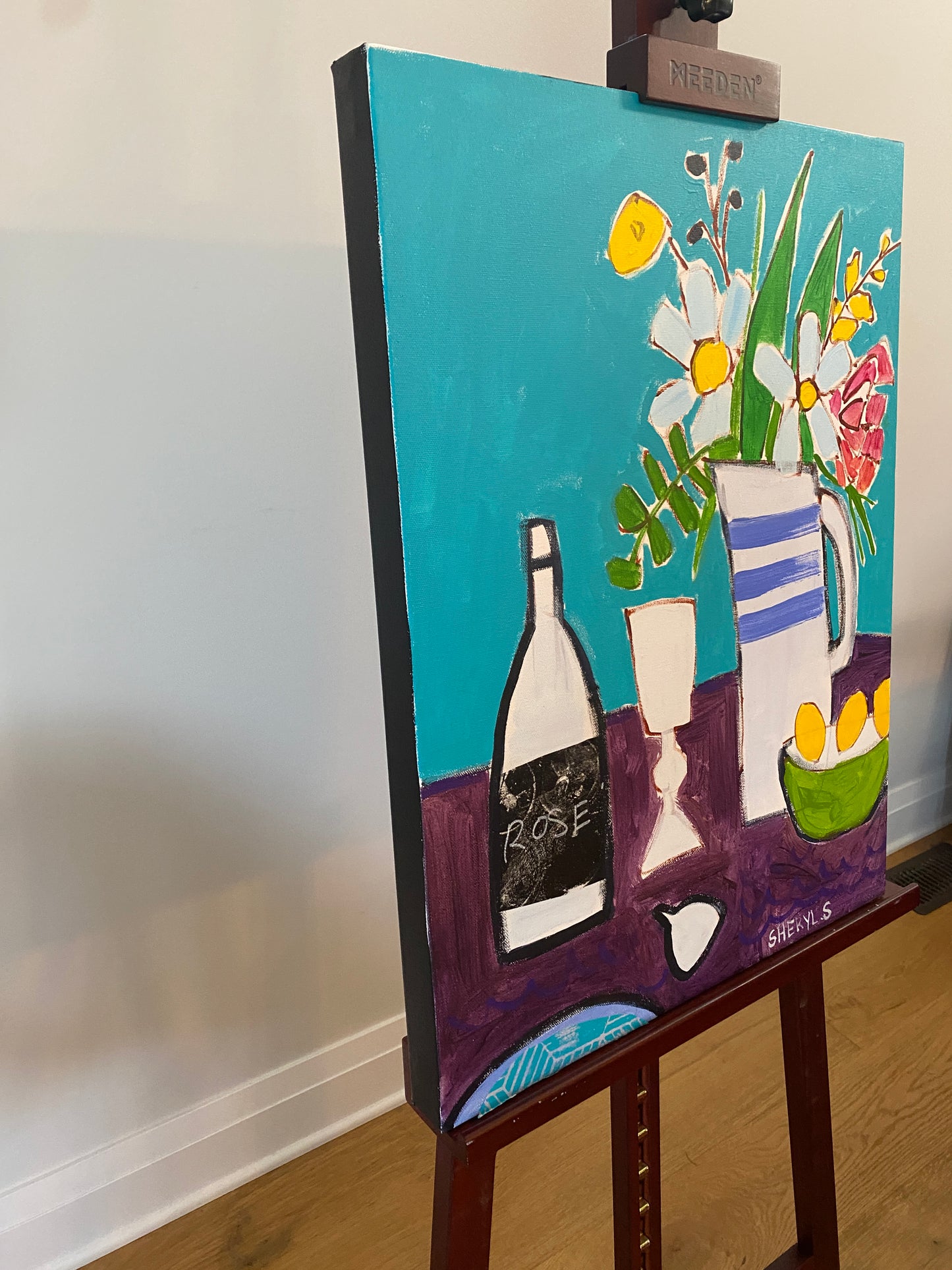 Floral Dinner for Two 18”x24” Teal and Purple / Wine and Glass / Fig / Original Art