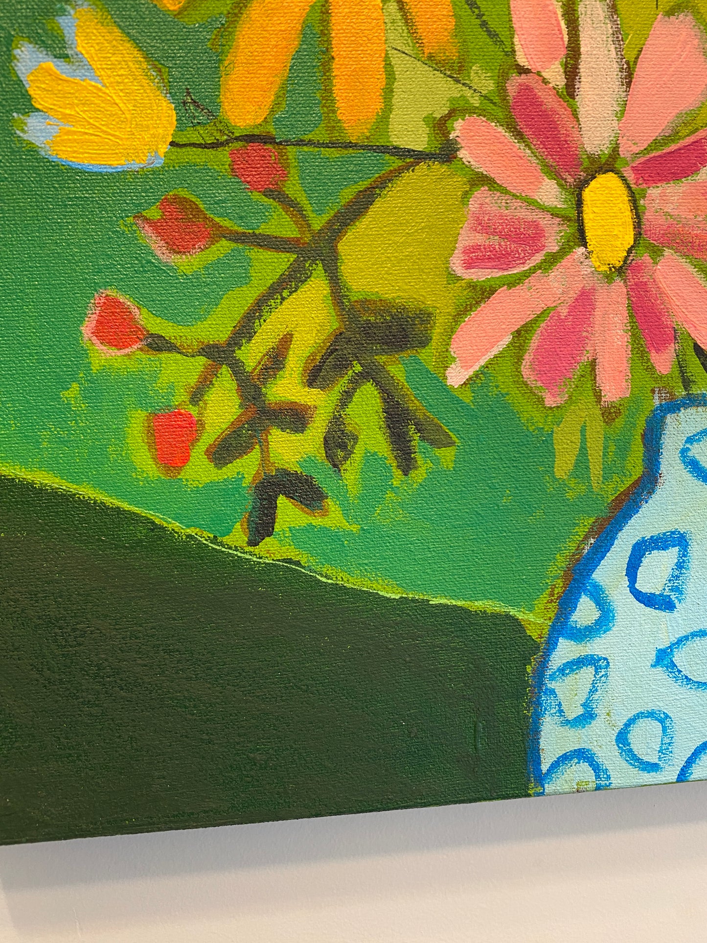 Orignal Wall Art / Fresh Cut Flowers in Green / Blue Vase With Flowers / Yellow Orange Pink /