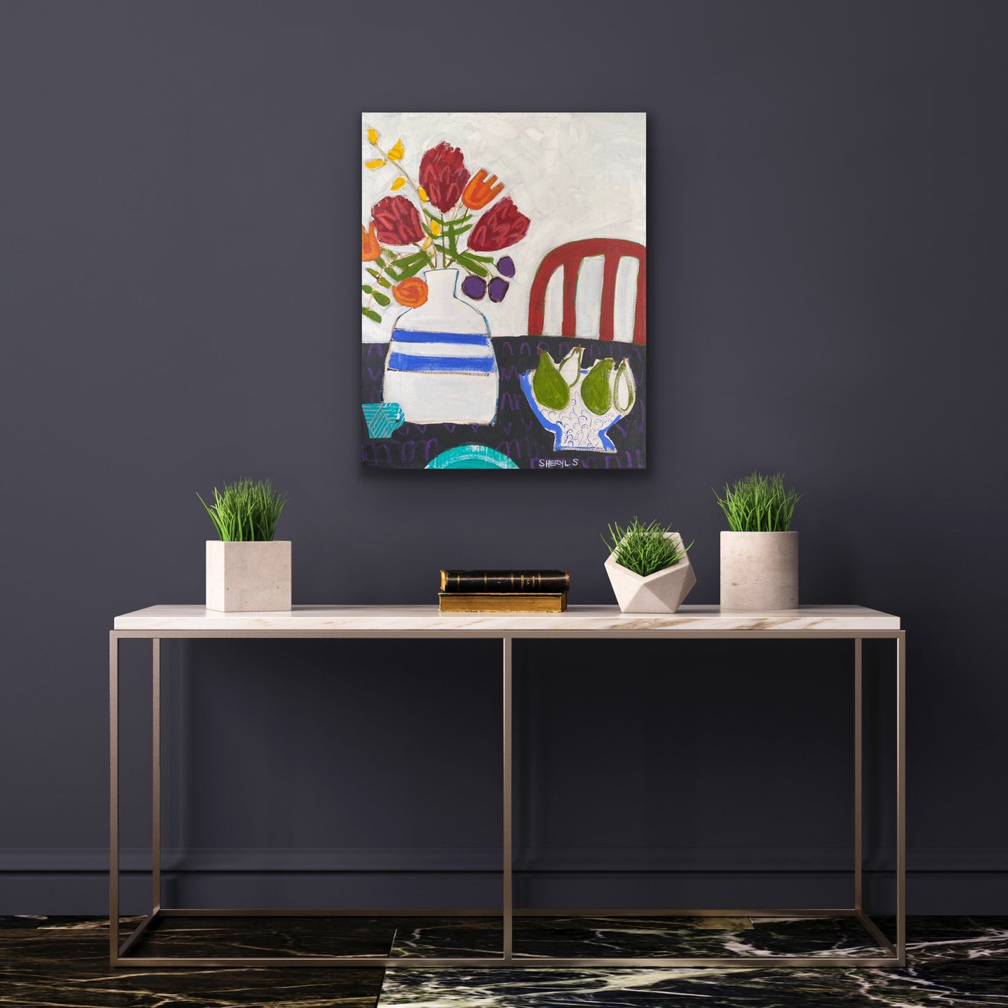 Protea on White 22”x28” /Red Chair / Bowl with Pears / Modern Floral Art for Sale on Canvas