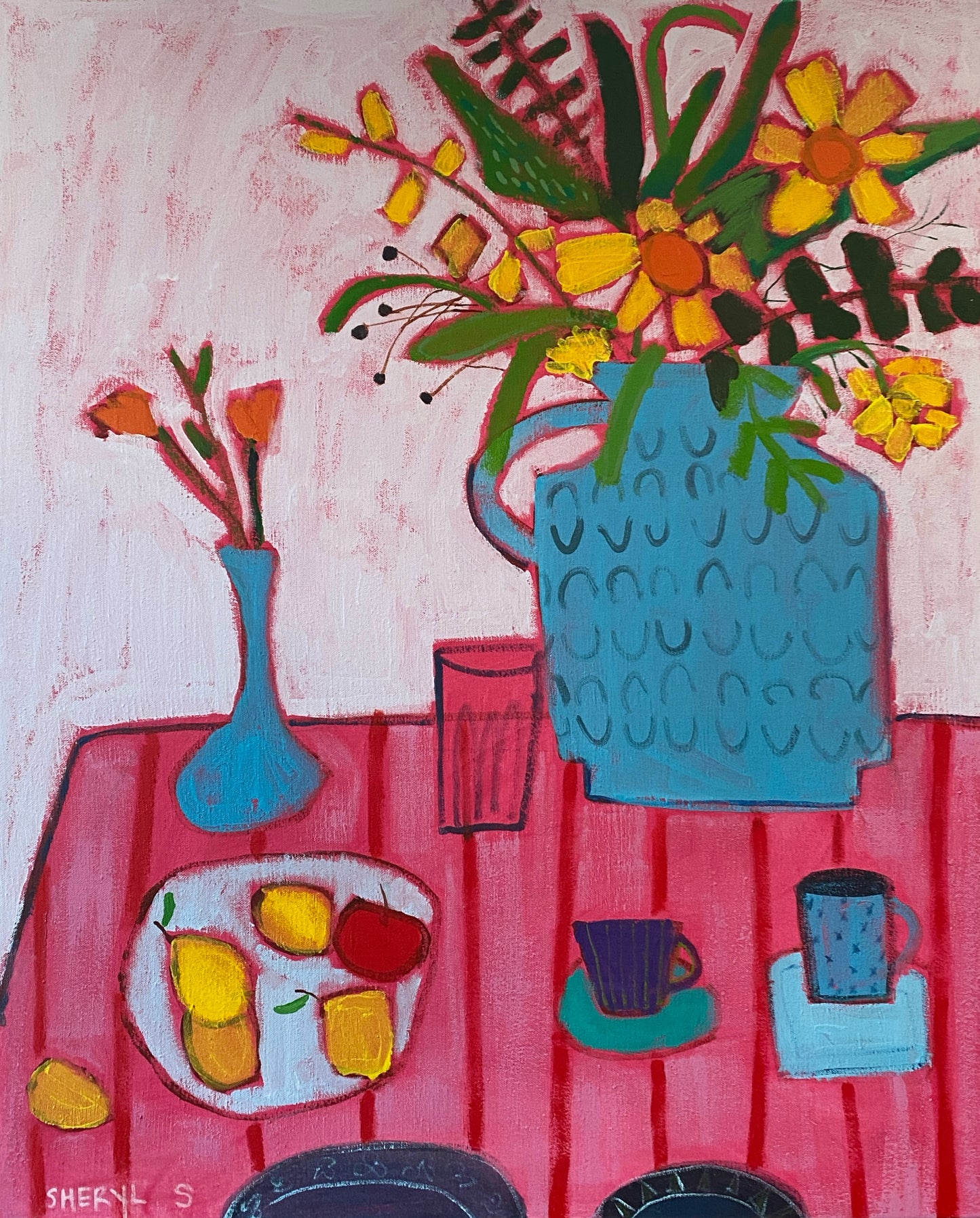 Blue Vase Yellow Flowers on Pink / Lemons with Applle / Tea Cups / 30"x24"