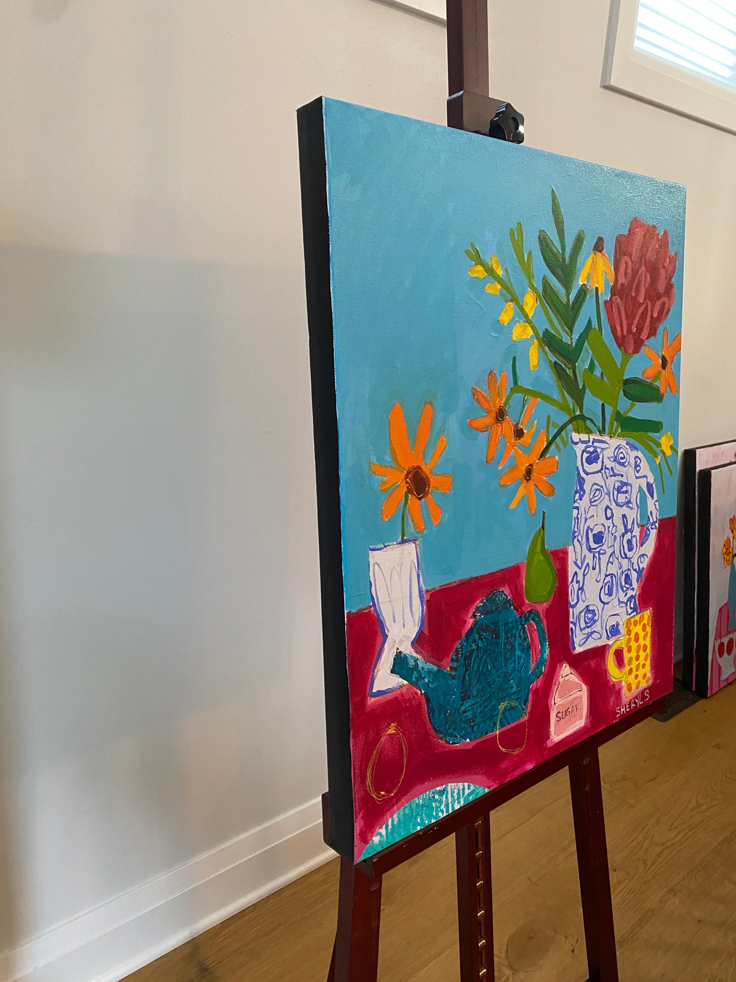 Floral with Teapot on Pink 20”x24” / Still Life Mixed Media  / Plate and Sugar / Original Wall Art for Sale