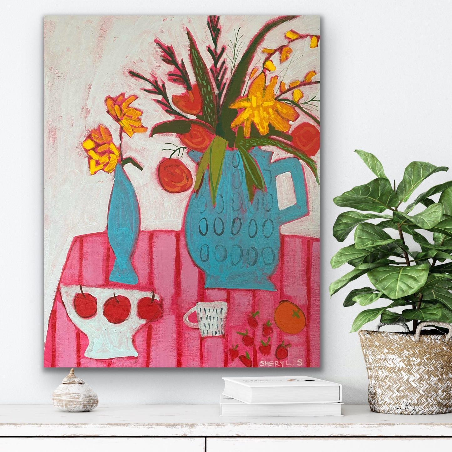 Floral with Apples and Strawberries 22”x28” / Vase with Flowers / Pink and Red Stripes