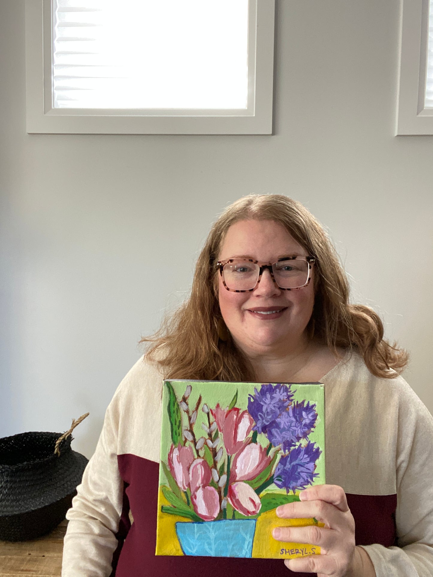 Original Wall Art / Hyacinth Tulips with Branches / 8”x8” / Painting on Canvas