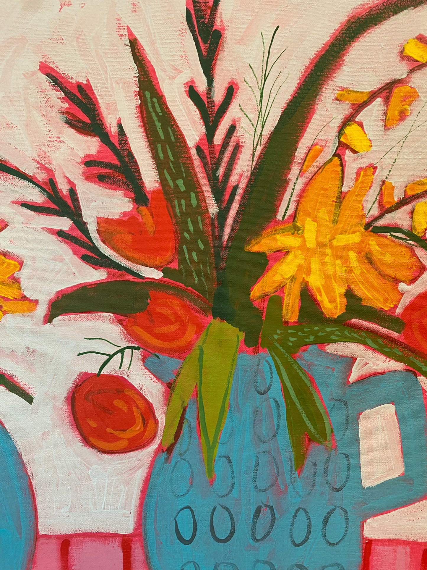 Floral with Apples and Strawberries 22”x28” / Vase with Flowers / Pink and Red Stripes