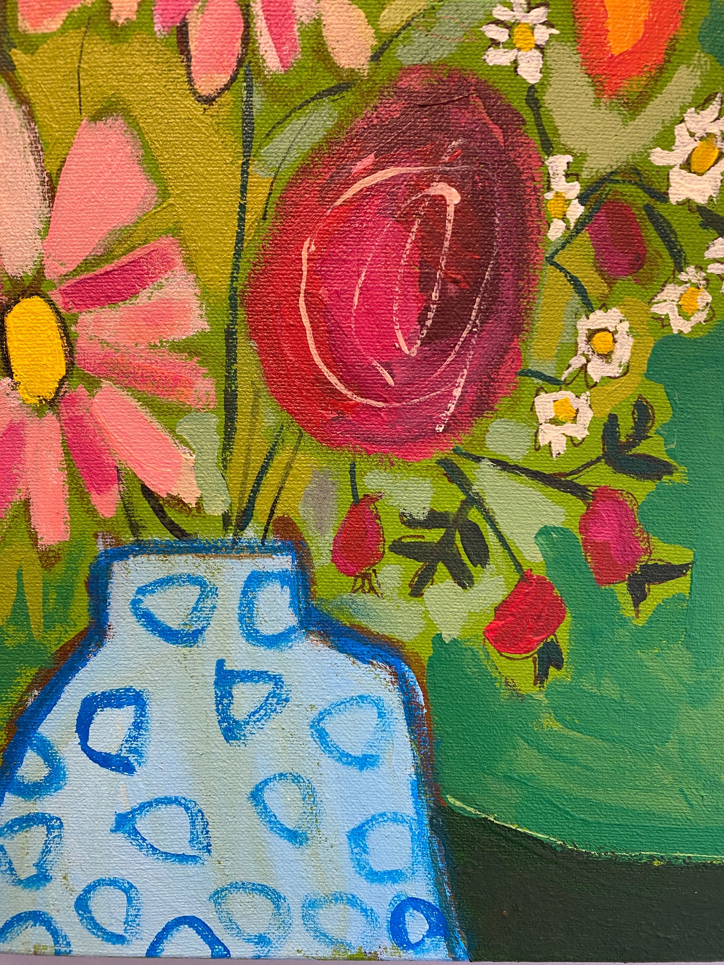 Orignal Wall Art / Fresh Cut Flowers in Green / Blue Vase With Flowers / Yellow Orange Pink /